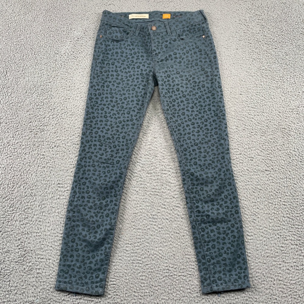 Pilcro Pants Womens 27 Blue Leopard Print Stet Skinny Ankle Zip Flocked Denim